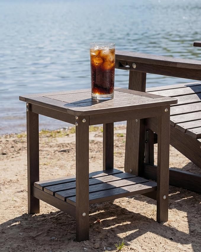 Kibaso-Adirondack Outdoor Side Table, 2-Tier HDPE Outdoor End Table, Weather Resistant Easy Maintenance, Small Patio Side Table for Patio, Pool, Porch, Garden, Lawn, and Living Room (2, Coffee Brown)