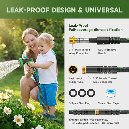 Non-Expandable Garden Hose 100 FT, Heavy-Duty & Flexible Water Hose with 10-Function Nozzle, Kink-Free & Leak-Proof Design, Ultra Lightweight Portable Yard Hose for Lawn, Car, Outdoor Use
