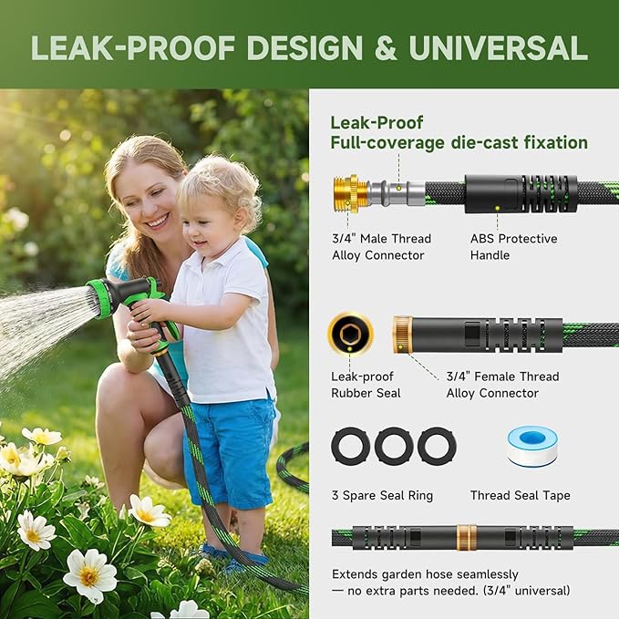 Non-Expandable Garden Hose 125 FT, Heavy-Duty & Flexible Water Hose with 10-Function Nozzle, Kink-Free & Leak-Proof Design, Ultra Lightweight Portable Yard Hose for Lawn, Car, Outdoor Use
