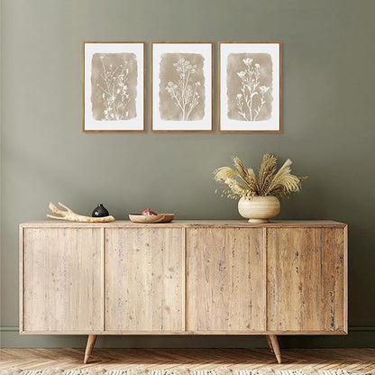 CHDITB Beige Florals Wall Art Set, Framed Boho Flower Wall Decor, Neutral Minimalist Botanical Wall Painting, Modern Vintage Wildflower Canvas Art Prints for Living Room, Bedroom, Grids Room 16"x24"x3