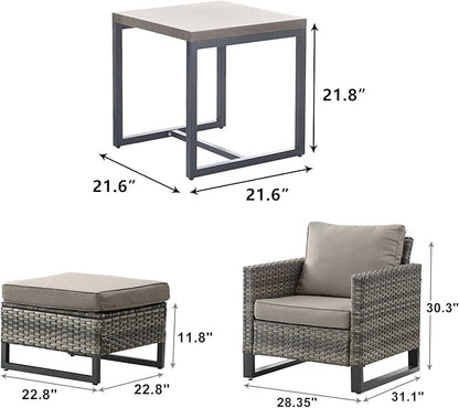 Wicker Outdoor Patio Furniture Set - 5 Piece Patio Conversation Set with 2 Wicker Armrest Chairs,2 Rattan Ottoman and 1 Metal Side Table for Outside Porch Deck Backyard Garden(Mixed Grey/Grey)