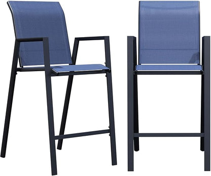 Outdoor Bar Stools Set of 2, 44'' Patio Bar Chairs with Textile High Back, Bar Height Chairs with Straight Armrest and Footrest, Blue