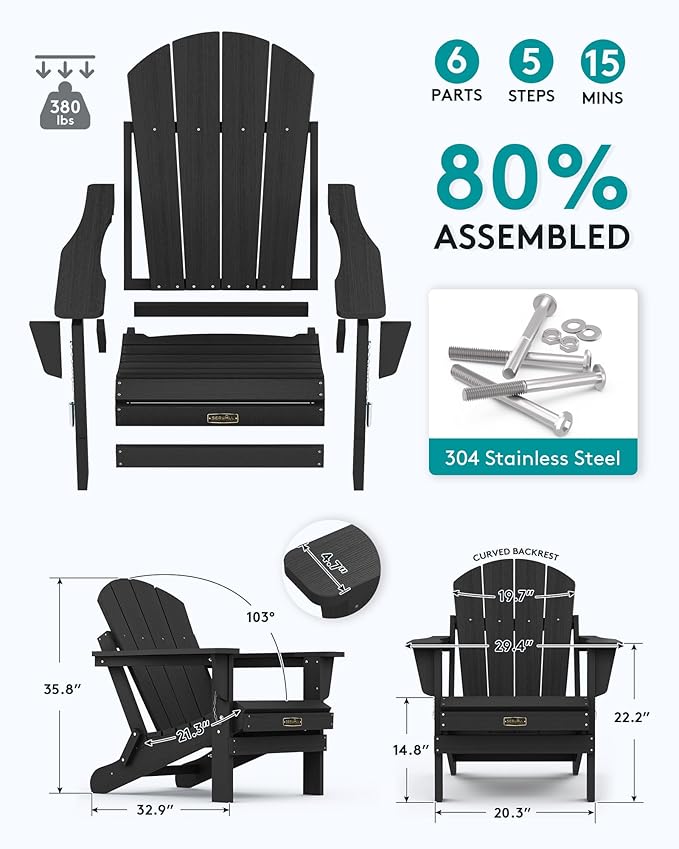 SERWALL Folding Adirondack Chairs Patio Chairs Lawn Chair Set of 8 Outdoor Adirondack Chair Weather Resistant for Patio Deck Garden, Backyard Deck, Fire Pit - Black