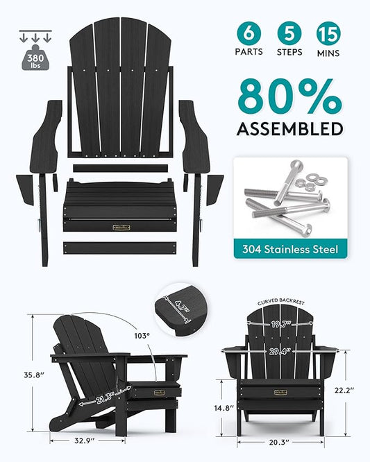 SERWALL Folding Adirondack Chairs Patio Chairs Lawn Chair Set of 8 Outdoor Adirondack Chair Weather Resistant for Patio Deck Garden, Backyard Deck, Fire Pit - Black