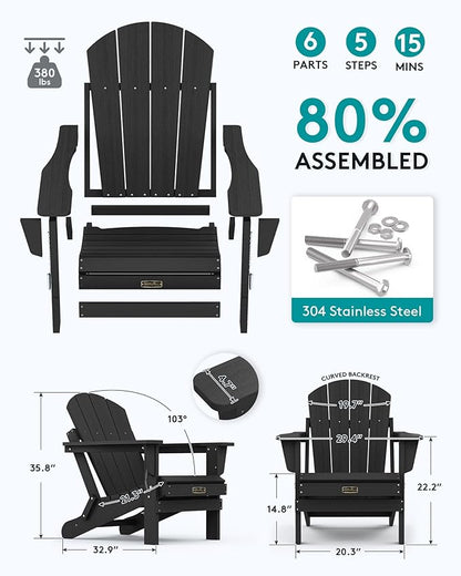 SERWALL Foldable Adirondack Chair Set of 2 for Patio Garden Outdoors Fire Pit-Black