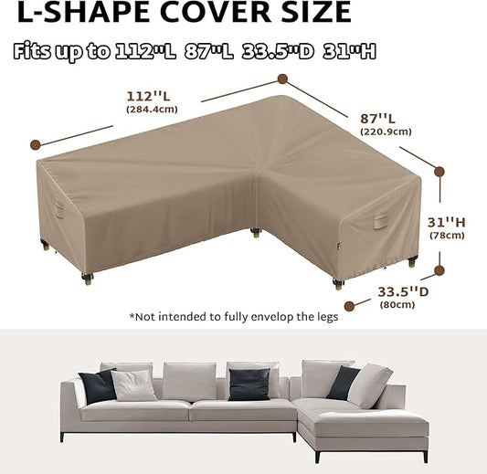 iBirdie Outdoor Patio Furniture Cover fit 112" x 87", 110" x 85", 108" x 84" L-Shaped Sectional Sofa, Waterproof Weatherproof Heavy Duty 600D Garden Cover for Outside L Shape Couch, Brown