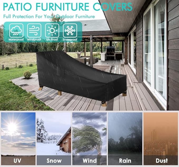 WLEAFJ Patio Chaise Lounge Cover Waterproof, Heavy Duty Outdoor Lounge Chair Covers, Black Durable Patio Furniture Covers, 70L x 32W x 30H inch