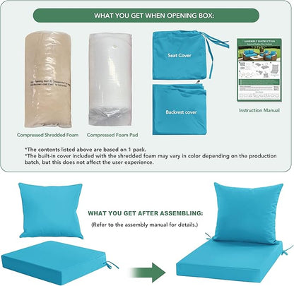 Waterproof Outdoor Cushions for Patio Furniture, Fade Resistant Backrest and Deep Seat Cushion Set with Removable Cover, 24 x 24 Inch, Teal, Set of 2