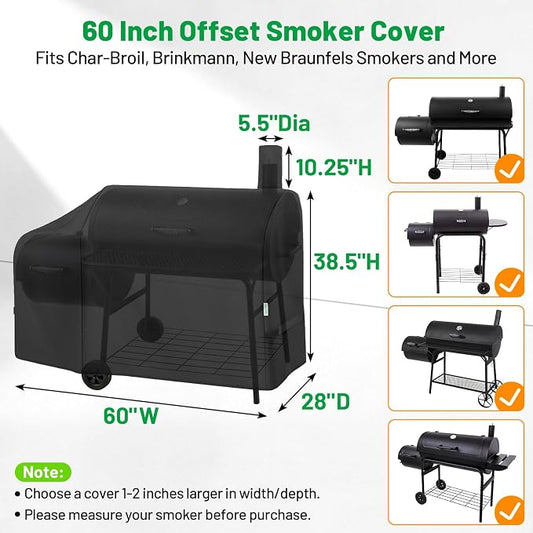 Offset Smoker Cover 60 Inch, Heavy Duty Waterproof Charcoal Smoker Grill Cover for Outdoor Grill, UV & Fade Resistant, Fits Char-Broil, Brinkmann, Royal Gourmet, New Braunfels, Black