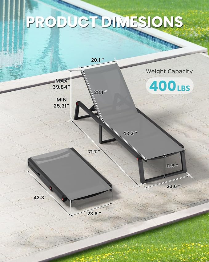 Aluminum Chaise Lounge Chair Outdoor, Foldable& No Assembly Patio Pool Lounge Chairs 5-Position Recliner for Outside, Fully Grounded Legs Sun Lounger for Poolside, Dark Grey
