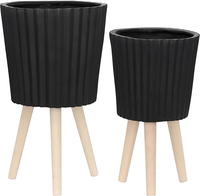 Sagebrook Home Set of 2 Planters with Stands - Modern Resin & Magnesia Pots with Wood Legs - Decorative Indoor & Outdoor Plant Containers for Home & Garden - 12" & 10", Black