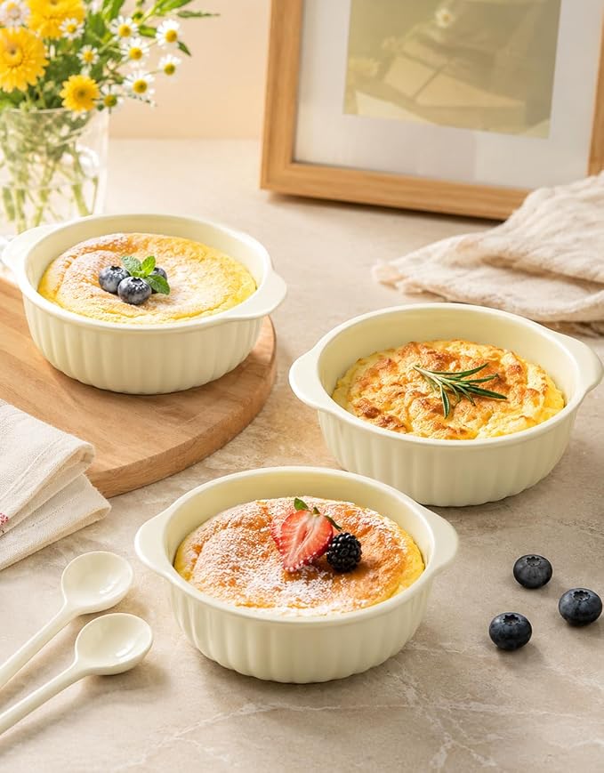 24 oz Large Ramekins Oven Safe, Creme Brulee Ramekins with Handles, Ceramic Baking Dishes Souffle Dishes, Soup Bowls Set of 2, Meal Prep Container, Baking Bowls Dishwasher Safe, Gift