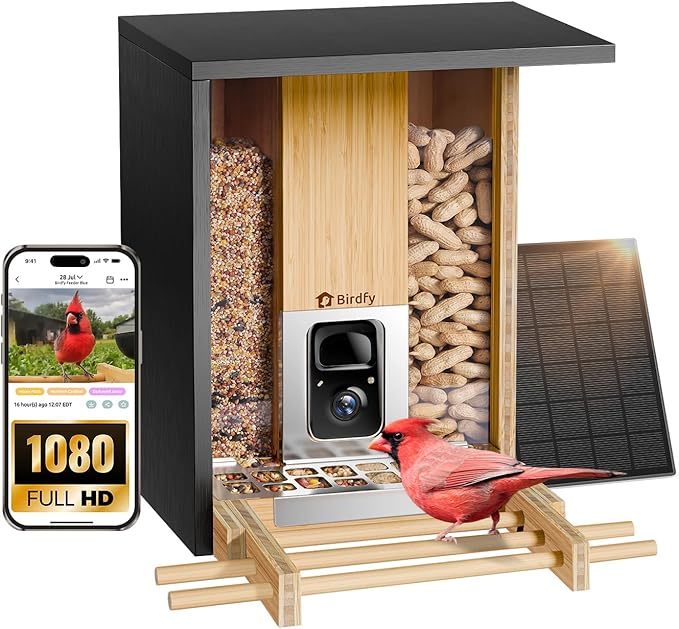 Birdfy Smart Bird Feeder with Camera&Metal Guard, Bamboo Wood Outdoor Design, AI Bird Recognition, 1080P HD & Night Vision, Solar Powered, Weatherproof, 3.5L Capacity, Ideal Gift for Nature Lovers