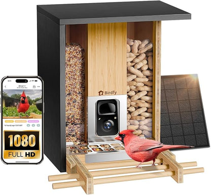 Birdfy Smart Bird Feeder with Camera&Metal Guard, Bamboo Wood Outdoor Design, AI Bird Recognition, 1080P HD & Night Vision, Solar Powered, Weatherproof, 3.5L Capacity, Ideal Gift for Nature Lovers