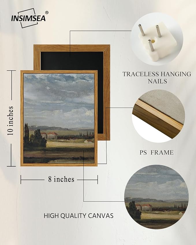 InSimSea Framed Canvas Wall Art, Vintage Landscape Painting, Rustic Nature Scenery Decor for Living Room Shelf Hallway,10x8in, Blue Tones