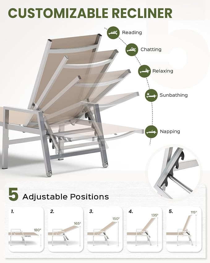 Vexwalx Patio Chaise Lounge Chair Outdoor with Wheels&Armrests, Aluminum Pool Lounge Chairs 5-Position Adjustable Recliner, Outdoor Beach Lounge Chairs for Poolside, Patio, Deck, Yard, Khaki