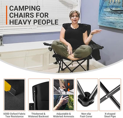 KingCamp Padded Portable Outdoor Folding Lounge Chairs with Built In Cupholder, Insulated Cooler Sleeve, and Side Storage Pocket, Black