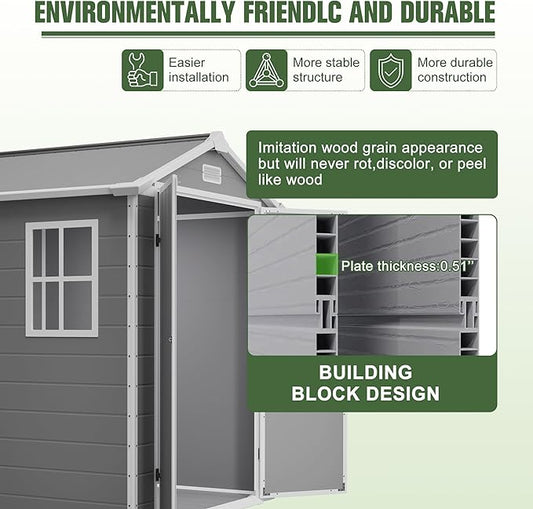 Resin Outdoor Storage Shed Kit Plastic Sheds Perfect to Store Patio Furniture, Garden Tools Bike Accessories, Beach Chairs and Lawn Mower, Grey (6x6 ft)