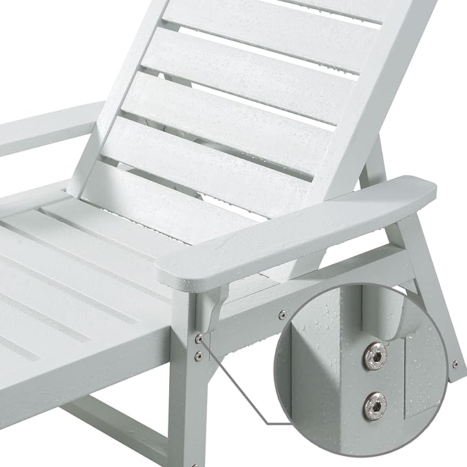 Psilvam Adjustable Chaise Lounge Chair - 350lb Capacity All-Weather Poly Lumber Recliner for Poolside, Patio, Porch - White