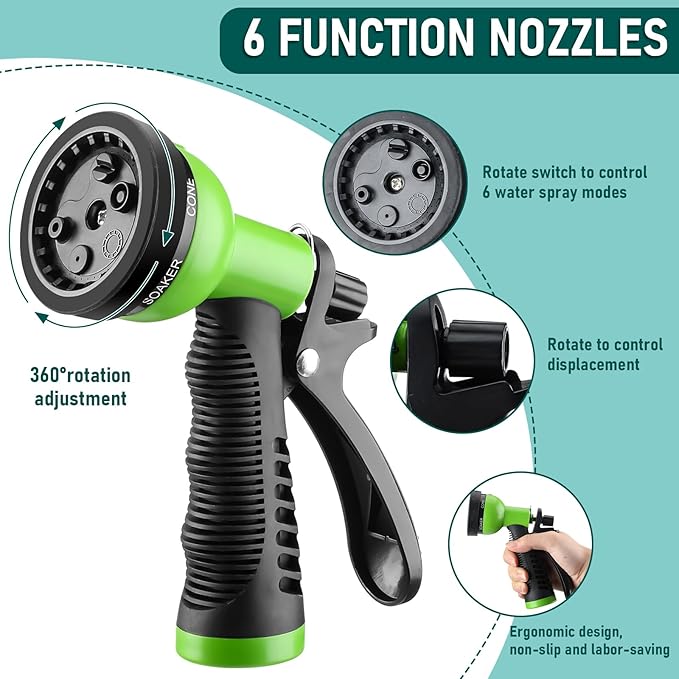 Pangda 100 Ft x 3/8'' Coil Garden Hose EVA Recoil Garden Self Coiling Expanding Water Hose with 6 Function Spray Nozzle Universal 3/4'' Brass Connector Fitting for Outdoor Yard(Green)