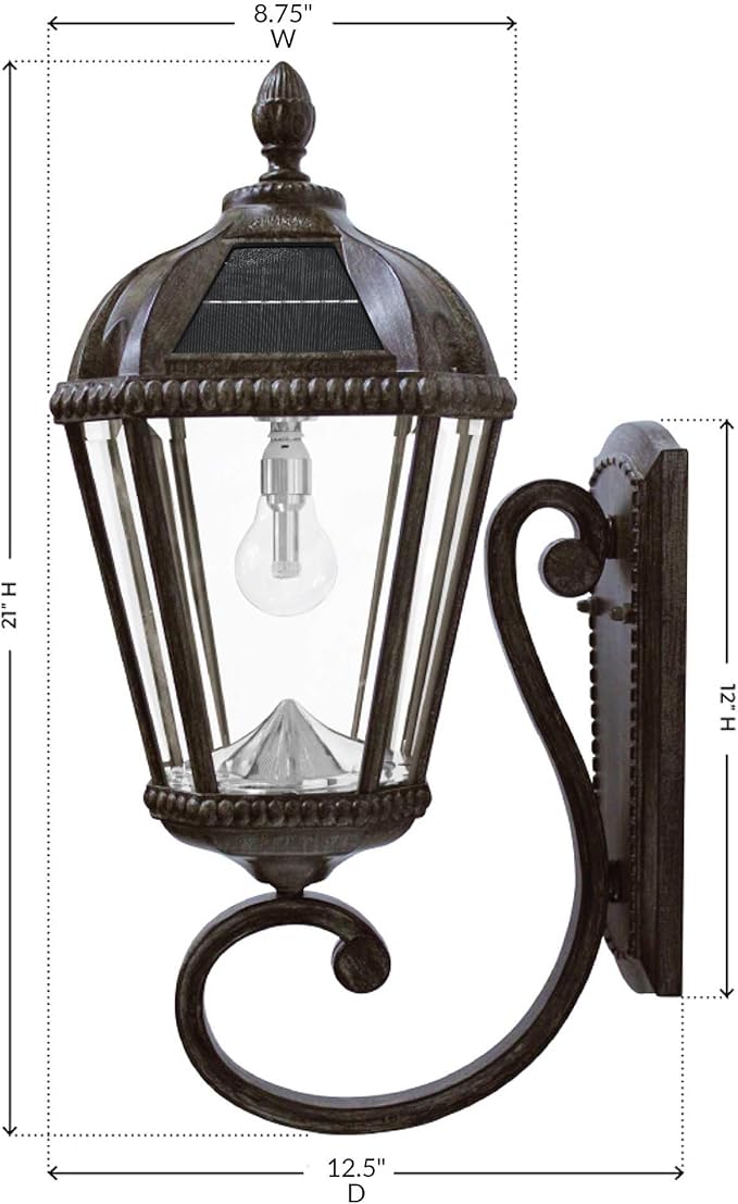 Gama Sonic Solar Outdoor Wall Light, Royal Bulb Exterior Sconce Lamp, Weathered Bronze Finish Aluminum, Rain Water Glass, Warm White LED with Omni-Direction Reflector, 98B310 Upgraded Panel & Battery