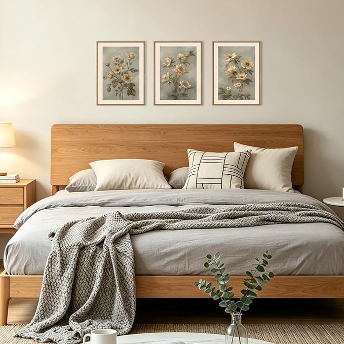 KAIRNE Vintage Botanical Flower Framed Canvas Wall Art Set,Boho Green Beige Floral Wall Decor,Rustic Wildflower Art Prints,Modern Minimalist Artwork for Living Room,Bedroom,Farmhouse,Office-12 x16 x3