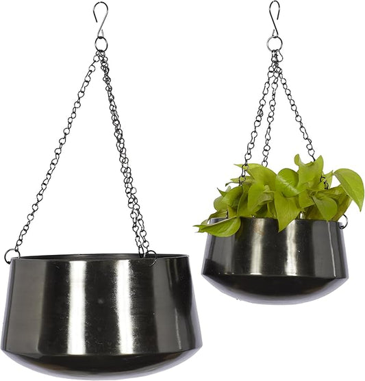 Deco 79 Metal Indoor Outdoor Wall Planter Indoor Outdoor Hanging Dome Hanging Planter with Chain, Set of 2 Plant Hanger 5", 7"H, Black