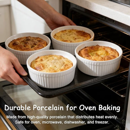 Cinf White 10 oz Set of 4 Souffle Dishes Ramekins Oven Microwave Safe Bowls Creme Brulee Set Sauce Cups for Baking Cooking Dessert Porcelain Pudding Cups