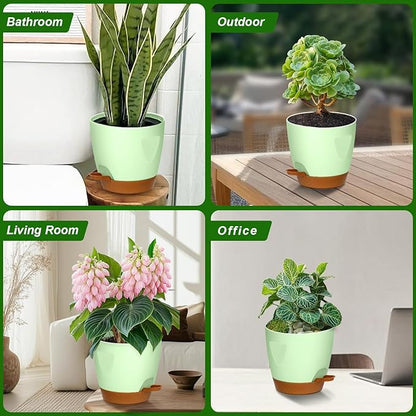 5-Pack Plant Pots with Drainage 7/6.5/6/5.5/5 Inch Self Watering Pots for Indoor Outdoor Plants, Plastic Flower Pots with Drainage Holes and Removable Saucers, Plant Pots with Wicking Rope (Green)