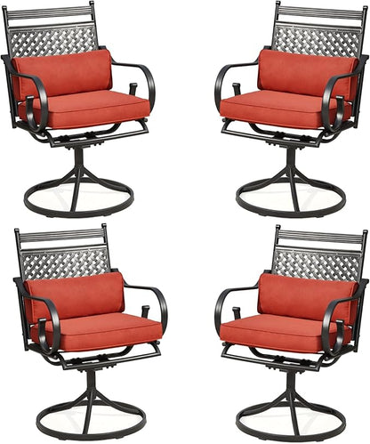 MELLCOM Patio Swivel Chair Set of 4, Heavy Duty Outdoor Dining Chairs with Cushions and Lumbar Pillows, Metal Patio Chairs Gentle Rocker for Outside, Garden Lawn & Porch, Backyard, Red