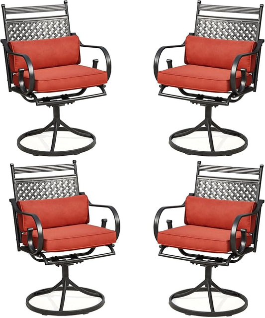 MELLCOM Patio Swivel Chair Set of 4, Heavy Duty Outdoor Dining Chairs with Cushions and Lumbar Pillows, Metal Patio Chairs Gentle Rocker for Outside, Garden Lawn & Porch, Backyard, Red