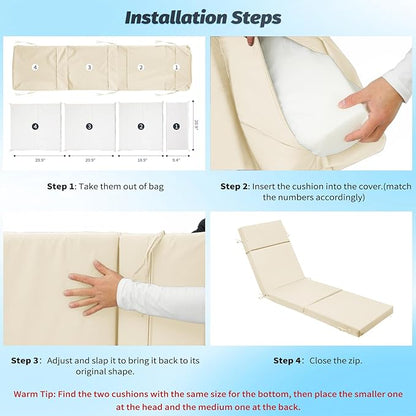 Outdoor Chaise Lounge Cushion 72" x 21" x 3", 4-Section Folding Patio Lounge Chair Cushion with Ties, Waterproof & Fade Resistant Replacement Cushion for Pool, Patio, Deck (Beige, 1 Pcs)