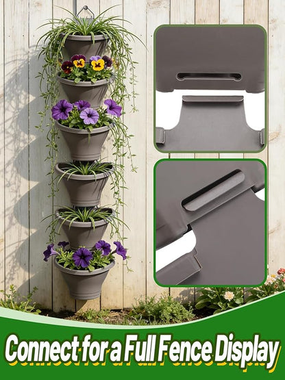 MADHOLLY 6Pcs Vertical Hanging Planters for Outdoor Plants - Wall Plant Holder for Indoor Decorations Garden Fence, Plastic Flower Pots with Drainage Grid and Hooks (Gray)