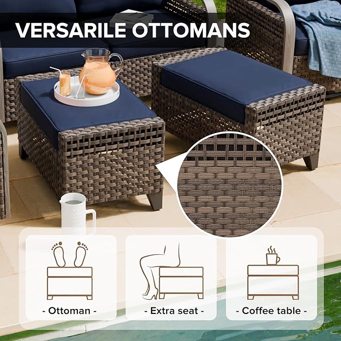 COOS BAY Modern Wicker Outdoor Furniture Set, Patio Conversation Set with Patio Chairs, 2 Seat Loveseat, Ottomans, and Coffee Table, 6 Piece, Brown/Blue