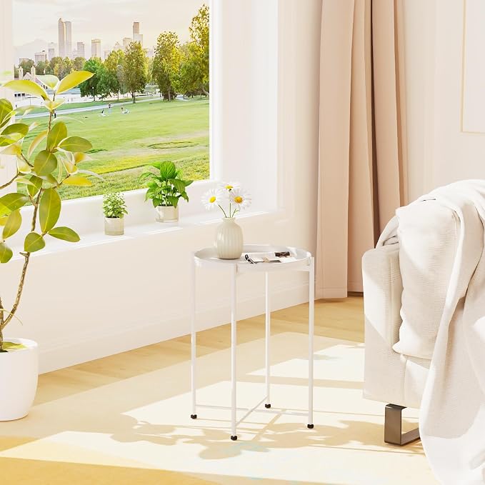 Garden 4 you Small Side Table, White Mini Round End Table, Tray Table with Metal Frame, Modern Nightstand for Living Room, Bedroom, Patio, Small Space, 2pcs