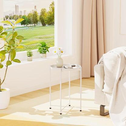 Garden 4 you Small Side Table, White Mini Round End Table, Tray Table with Metal Frame, Modern Nightstand for Living Room, Bedroom, Patio, Small Space, 2pcs