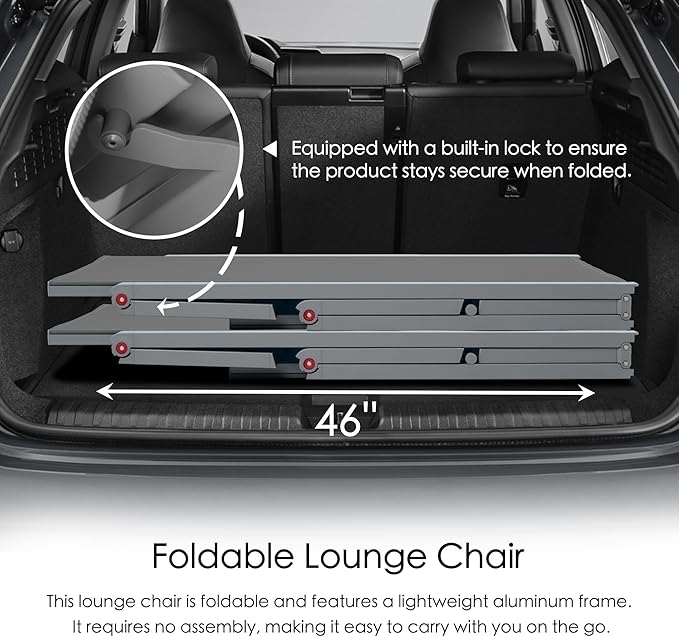 Kozyard 2 Packs Lounge Chair Outdoor Foldable Lounge Chair with 5 Adjustable Backrest Patio Lounger, Assemble-Free, Recliner and Full Flat Chair for Patio Beach Pool (2 Gray Textilence W/O Table)