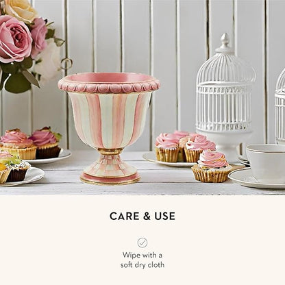 MACKENZIE-CHILDS Pedestal Tabletop Urn, Decorative Centerpiece for Table, Mantel, or Shelf, Small, Pink-and-White Rosy Stripe