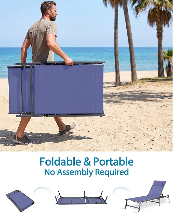Foldable Chaise Lounge Chair with Cup Holder, Assemble-Free Outdoor Lounge Chair with Detachable Pillow and 6 Adjustable Backrest, Patio Lounge Chair for Outside Poolside Beach Pool, Blue