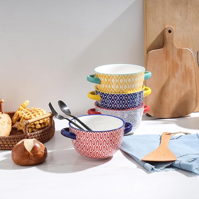 Selamica Ceramic Soup Bowls with Handles, French Onion Soup Crocks 20 OZ, Oven Safe Soup Bowls for French Onion, Chili, Beef Stew, Cereal, Pot Pies, Set of 4, Assorted Colors