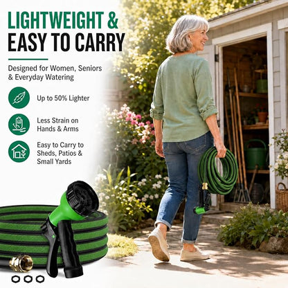 100FT Lightweight Flat Garden Hose for Women & Seniors, Non-Expandable Water Hose with 10-Pattern Spray Nozzle, Easy Storage No-Kink Hose for RV, Patio, Small Backyard, Car Wash & Everyday Watering