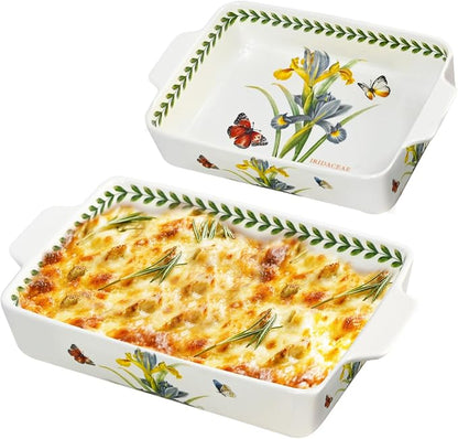 ACMLIFE Ceramic Casserole Dish Set, Ceramic Baking Dish for Oven, Casserole Dish Bakeware Set, Casserole Dishes for Oven, Lasagna Pan, Large Baking Dishes with Handles, Microwave, Dishwasher Safe, Gift Packaging Floral 2 Pcs Set(13"x8"+10.3"x6.3") (Iris)