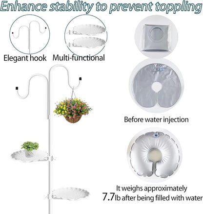 Upgraded 74" Shepherd's Hook Stand Plant，Bird Feeder，White Wind Chime Hanger Stand, Waterproof Metal & Adjustable-Height Standing Pole Holder for Wreath, Indoor & Outdoor（2 Placement Racks