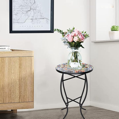 VCUTEKA Mosaic Side Table, 21" Round End Table with 14" Ceramic Tile Top, Indoor Patio Accent Table for Yard, Garden, Living Room, Bistro Balcony or Lawn