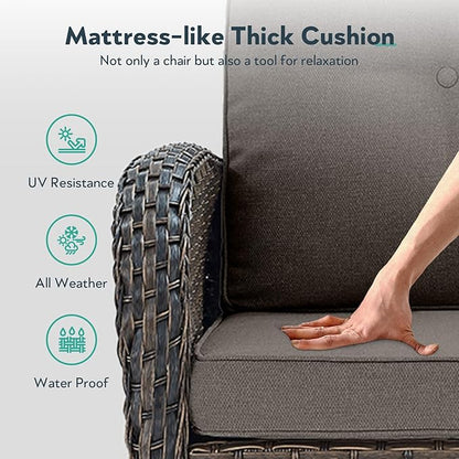 5 Piece Patio Furniture Set - Wicker Patio Conversation Set with Swivel Glider, Loveseat Bench, Tempered Glass Side Table and Coffee Table for Deck Backyard - Brown Wicker Grey Cushion