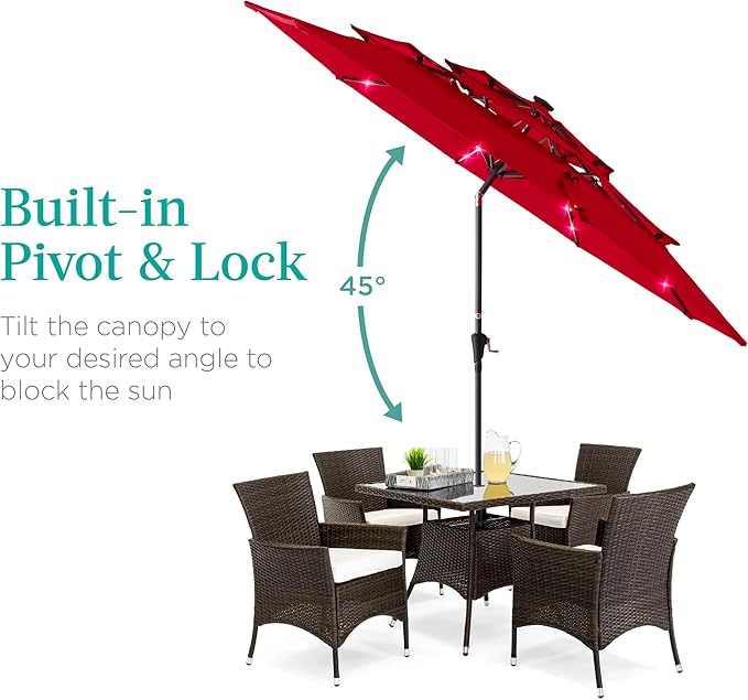 Best Choice Products 10ft 3-Tier Solar Patio Umbrella, Outdoor Market Sun Shade for Backyard, Deck, Poolside w/ 24 LED Lights, Tilt Adjustment, Easy Crank, 8 Ribs - Red