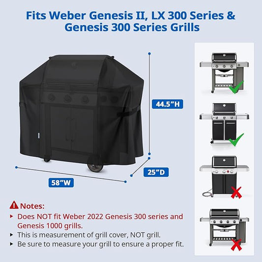 SunPatio 58 Inch Outdoor Grill Cover, Compatible for Weber Genesis II, Genesis 300 and II LX 300 Series Gas Grills, Heavy Duty Waterproof Barbecue Cover, Compared to Weber 7130, 58"W x 25"D x 44.5"H