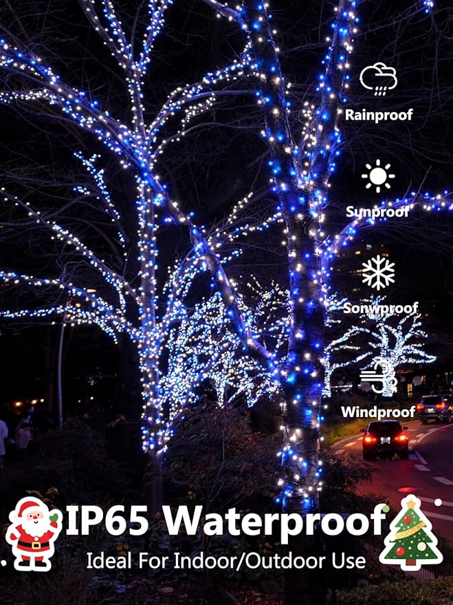 4 Pack Solar Christmas Lights Outdoor Waterproof, 132FT 400LED Solar String Lights Green Wire Fairy Lights, Solar Twinkle Lights with 8 Lighting Modes for Xmas Garden Decorations (Blue&White)