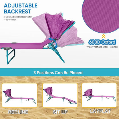 Northroad Beach Lounge Chair with Canopy Shade, Adjustable 4 Position Foldable Tanning Chair, Outdoor Heavy Duty Chaise Lounge Chair, for Poolside Patio Sunbathing Lawn, UPF 50+, Purple