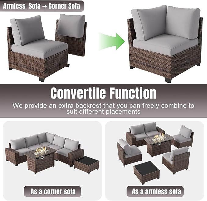 Aoxun 7 Pieces Patio Furniture Set with 44” Fire Pit Table Wicker Rattan Outdoor Sectional Conversation Set with Coffee Table and 4” Thickened Cushions, Gray(Waterproof Cover Included)
